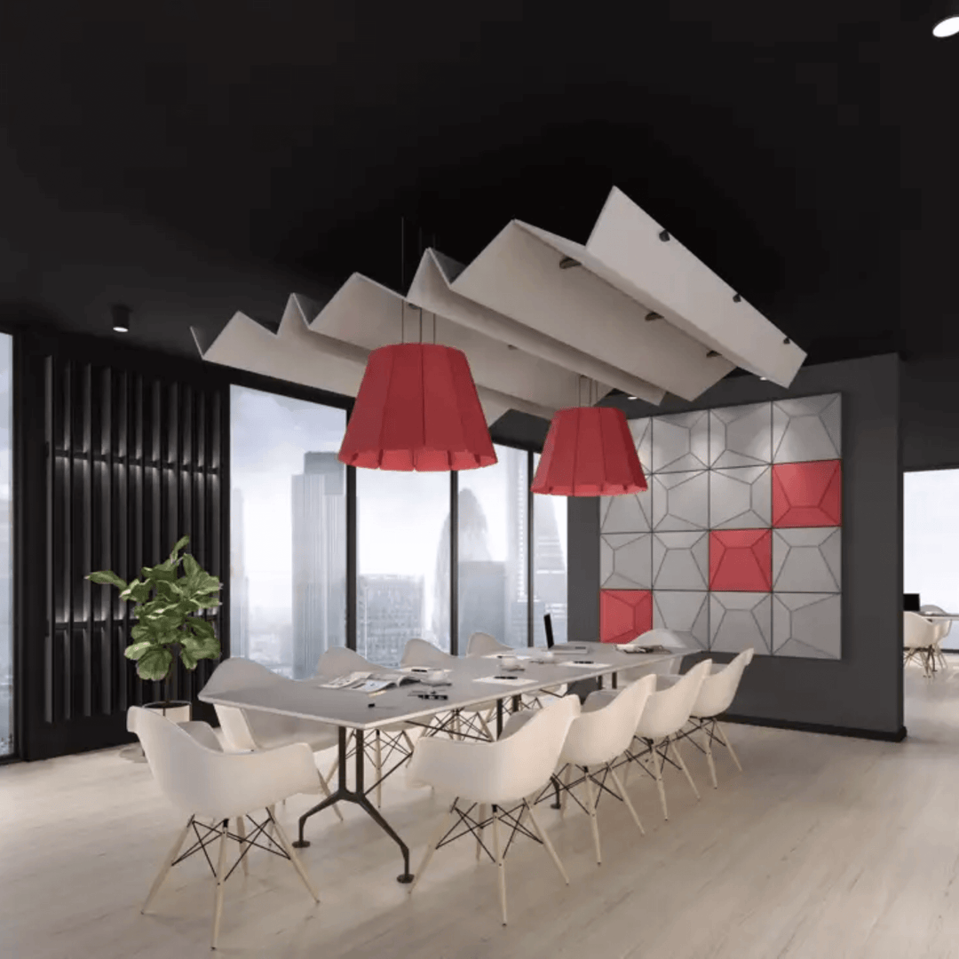 Modern meeting room featuring Acoustek Petal Acoustic Light Shades in red, enhancing decor and reducing noise.