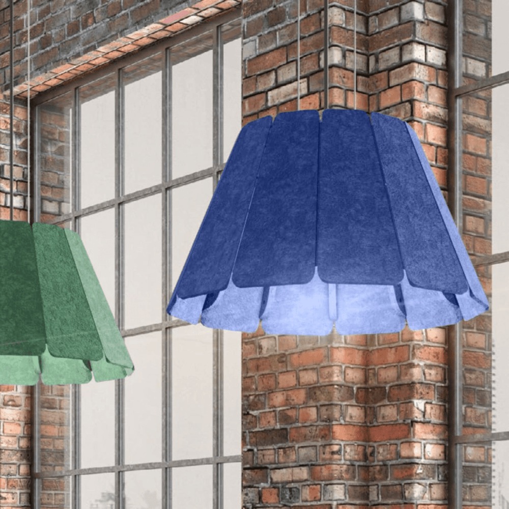 Acoustek Petal Acoustic Light Shades in blue and green, enhancing interior design while reducing noise.