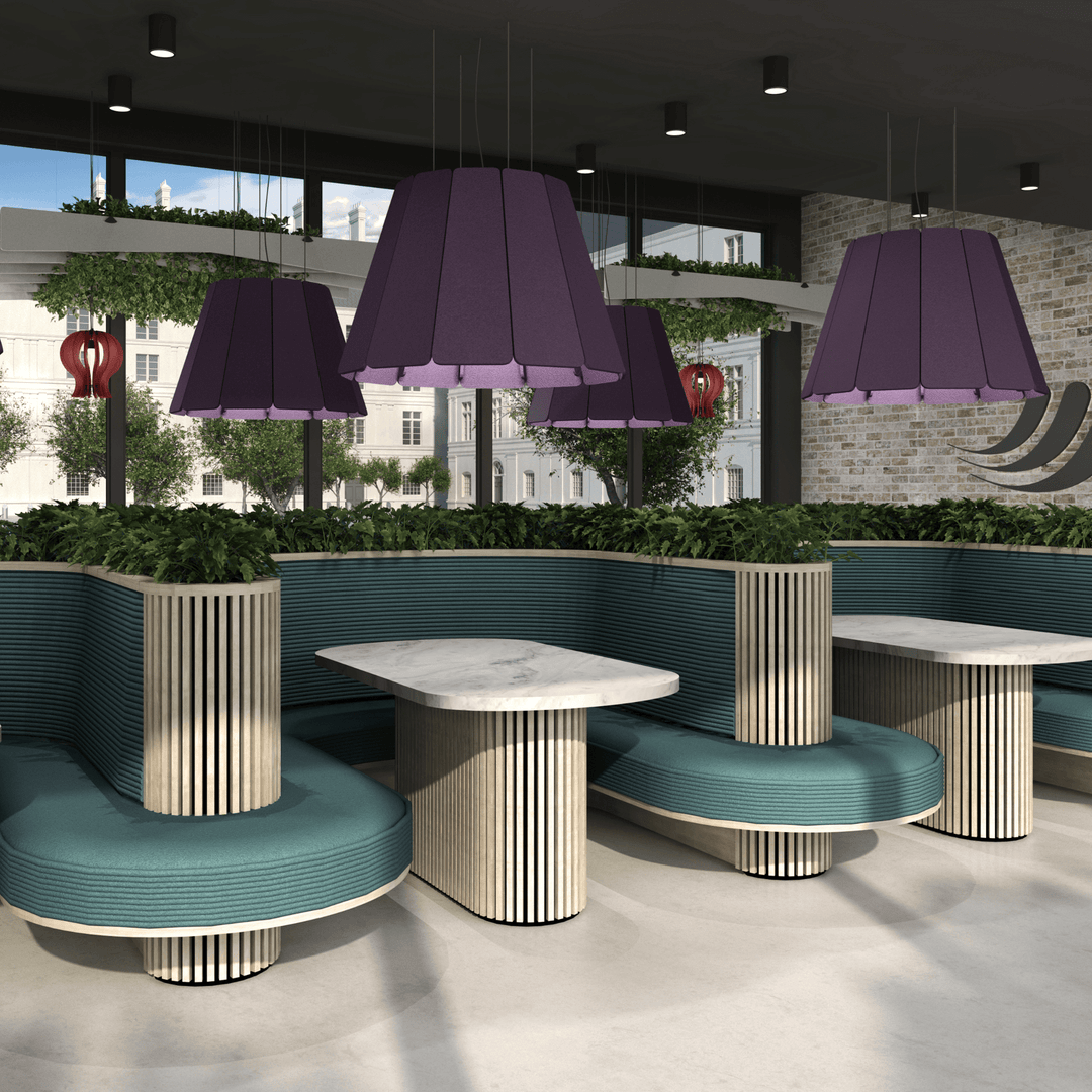 Modern interior with Acoustek Petal Acoustic Light Shades in purple, featuring stylish seating and greenery.