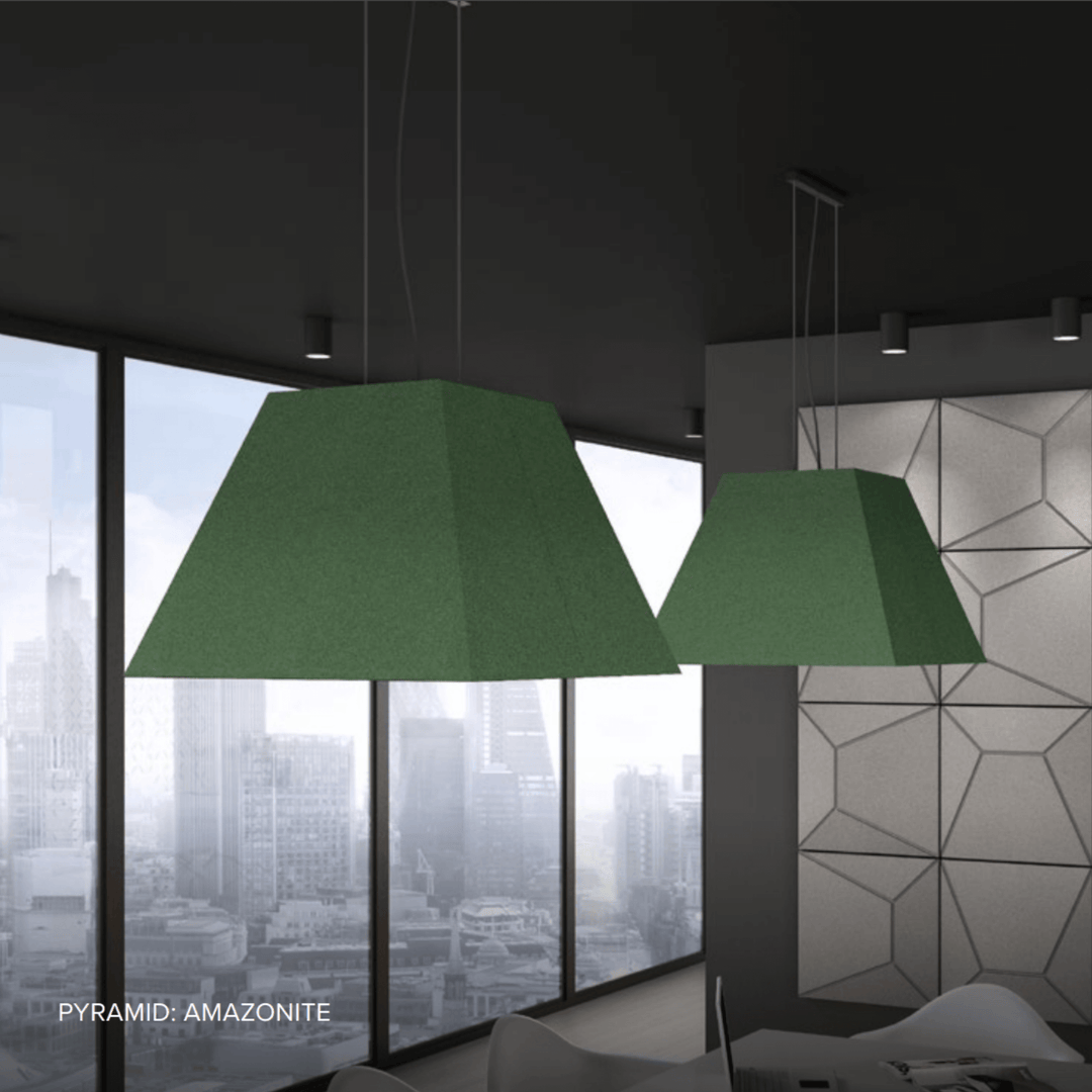 Acoustek Pyramid Acoustic Pendants in Amazonite color enhancing modern office space with city view.