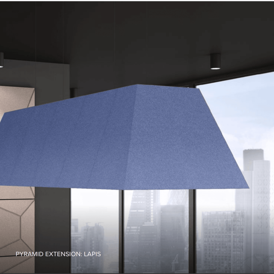 Acoustek Pyramid Extension Pendant in Lapis color enhancing modern interior with acoustic functionality and style.