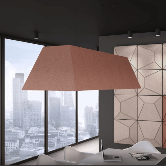 Acoustek Pyramid Single Acoustic Pendant light enhancing modern office interior with sustainable design.