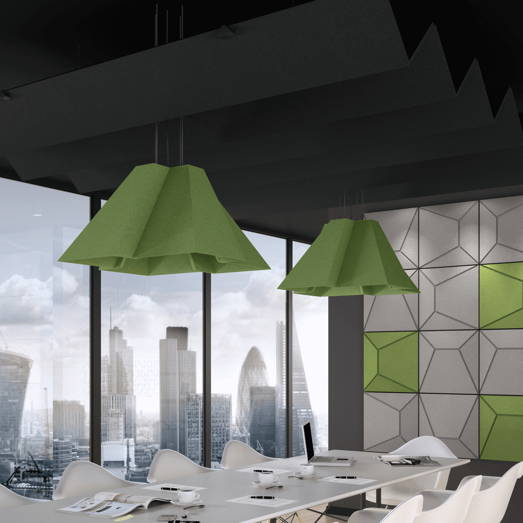 Acoustek Pyramid Enclave Acoustic Shades in green, enhancing sound absorption in a modern boardroom setting.