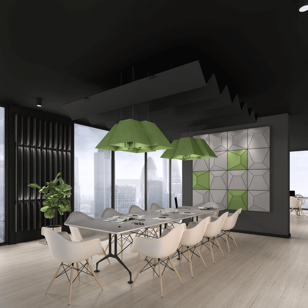 Modern boardroom featuring Acoustek Pyramid Enclave Acoustic Shades and stylish white chairs with green accents.