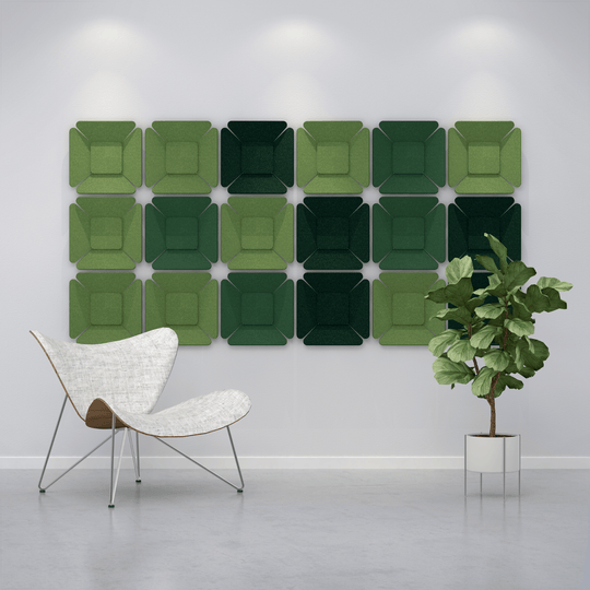 Acoustek Clover 3D Acoustic Wall Panels in green tones, enhancing acoustics in a modern interior setting.