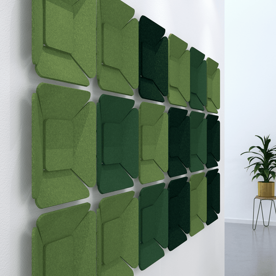 Acoustek Clover 3D Acoustic Wall Panels in green, designed for noise reduction and stylish decor.