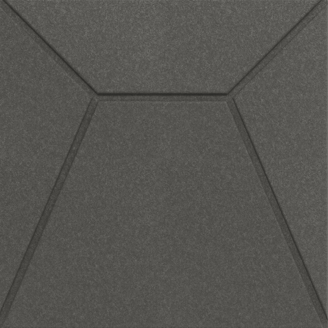 Close-up of Acoustek Cavasinni acoustic wall tile in matte dark gray, featuring a geometric design for sound absorption.