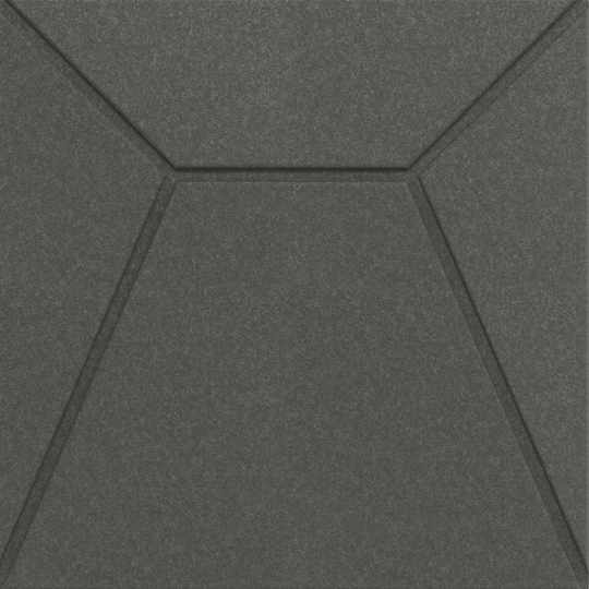 Close-up of Acoustek Cavasinni acoustic wall tile in matte dark gray, featuring a geometric design for sound absorption.