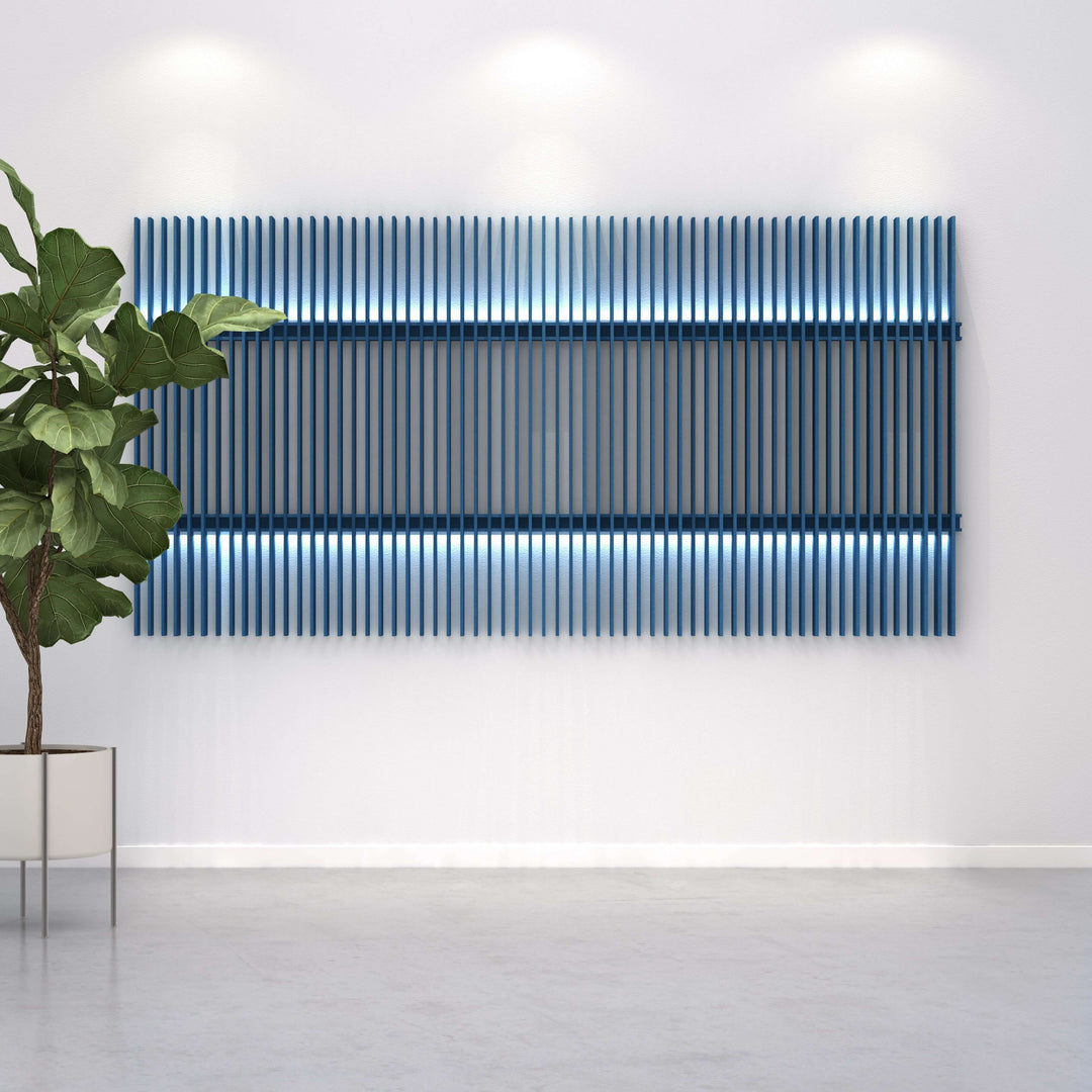 Acoustic wall blades in blue with LED lighting, enhancing wall decor and reducing noise reverberation.