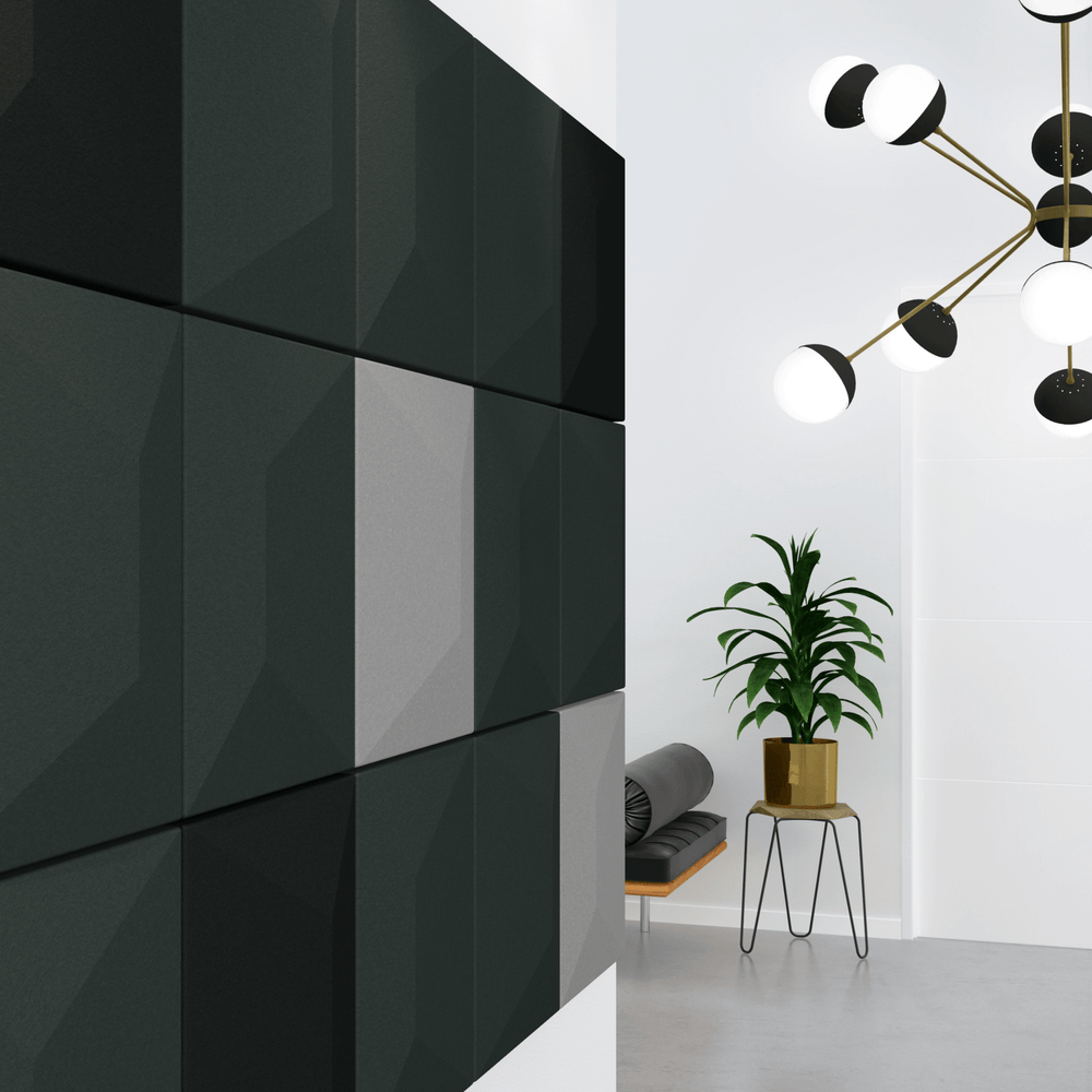 Stylish Acoustek Cavasinni acoustic tiles on a modern wall, enhancing interior design and sound quality.