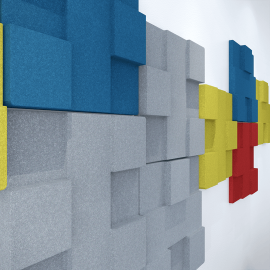 Acoustek Newport Collection acoustic wall tiles in blue, gray, yellow, and red patterns for modern noise reduction.