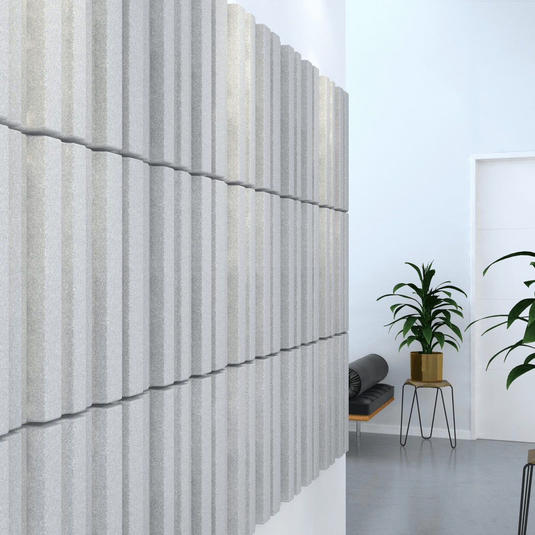 Acoustek Newport Collection acoustic wall tiles in modern interior, enhancing aesthetics and reducing noise.