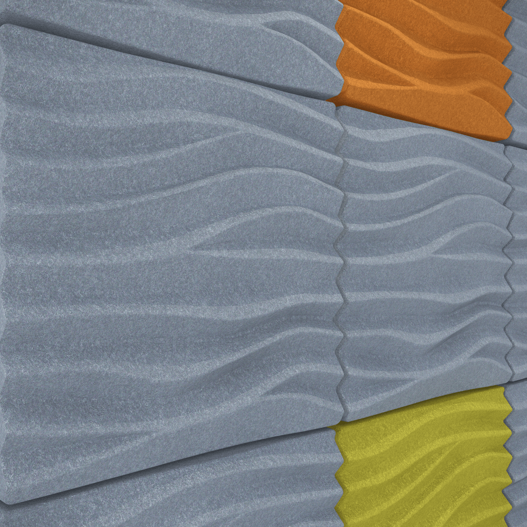 Acoustek Newport Collection acoustic wall tiles in various colors featuring modern wave patterns for noise reduction.