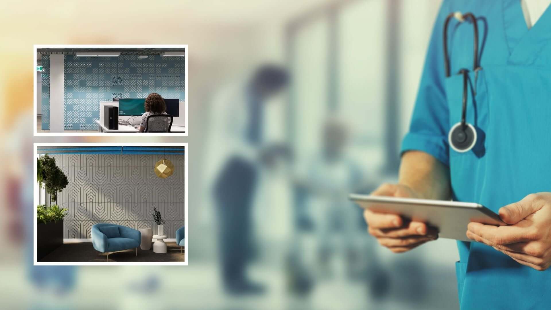 Medical professional using a tablet in a modern health workspace with accents of blue and green.