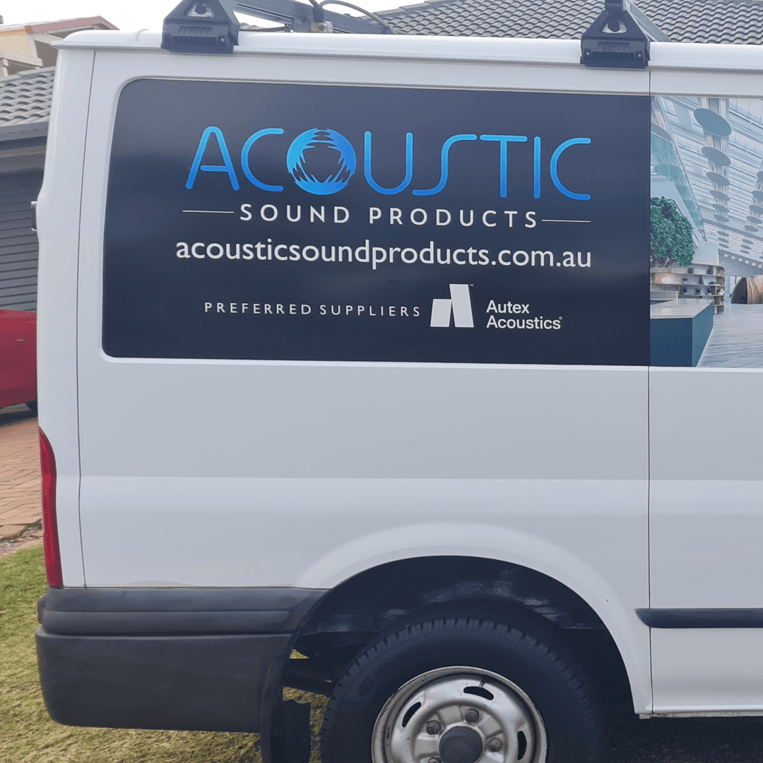 Branding on a van for Acoustic Sound Products, showcasing their website and partnership with Autex Acoustics.