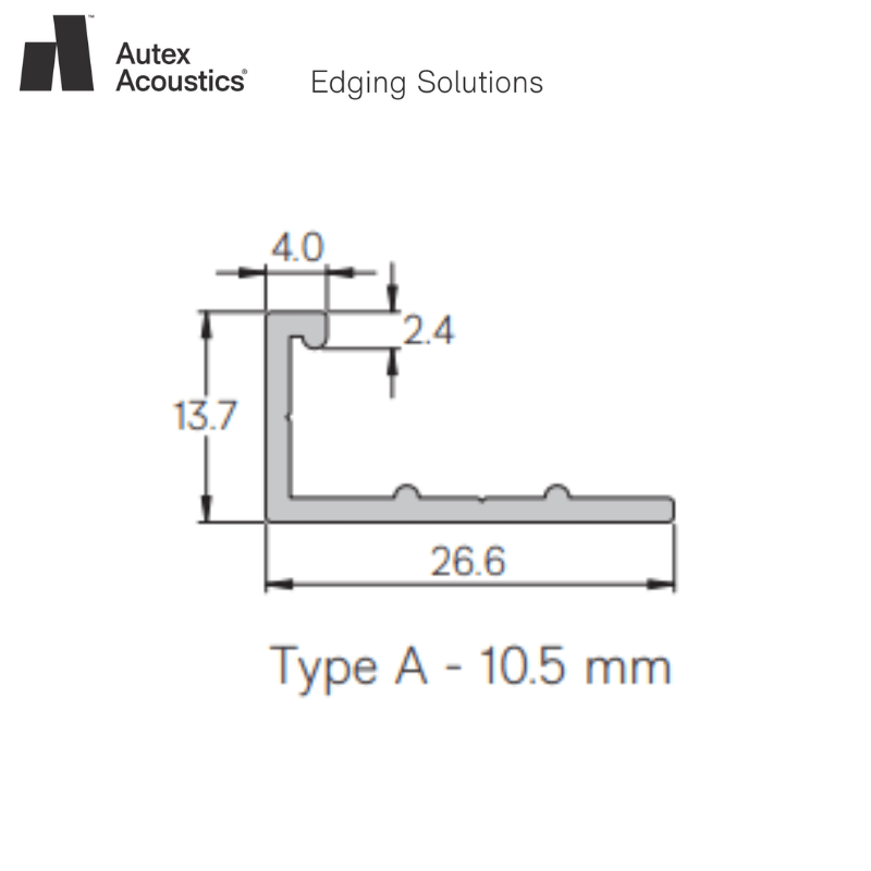 Autex Edging Solutions Type A measurement diagram for acoustic panel trims, showing dimensions in mm.