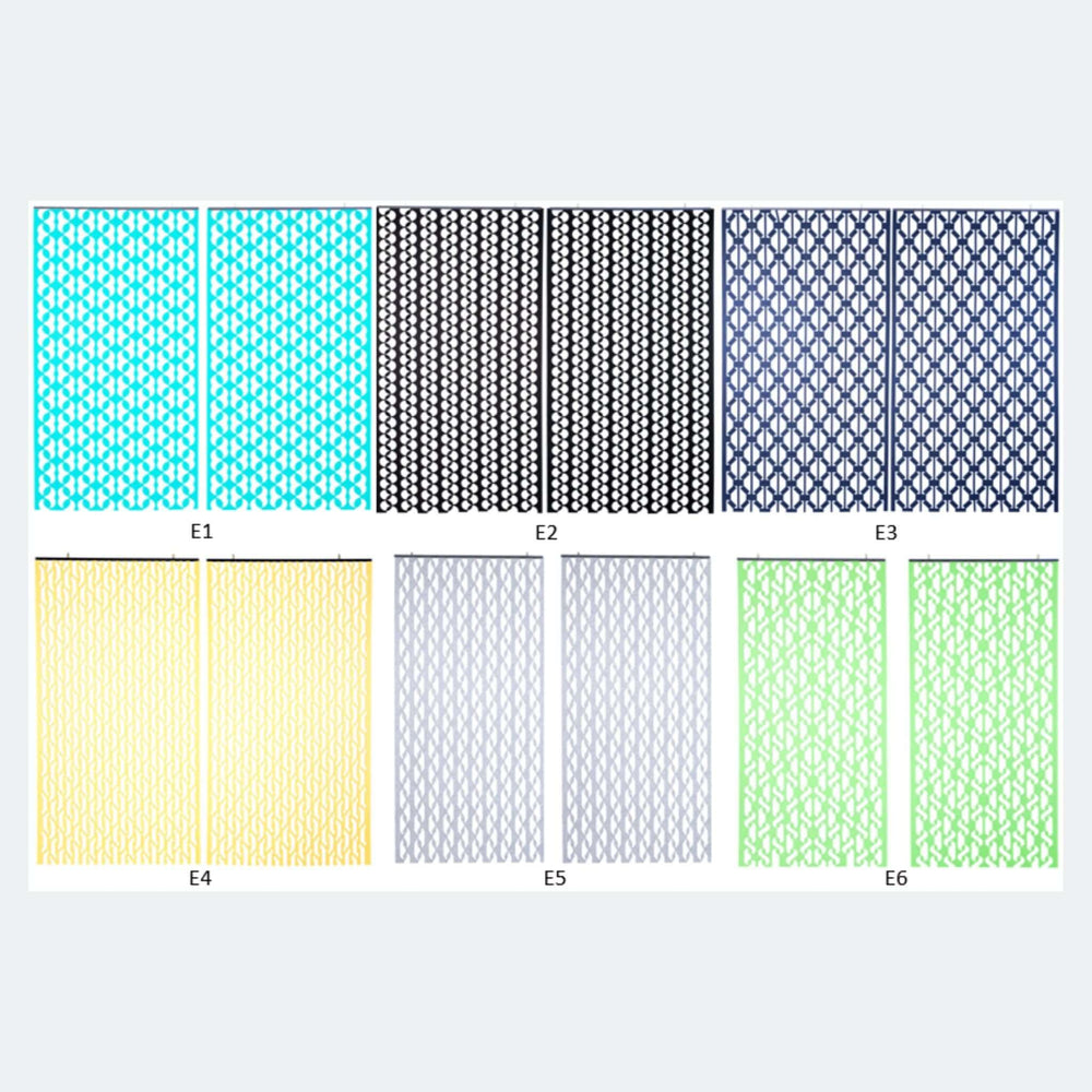 Various designs of Autex Cascade Hanging Screens, including E1, E2, E3, E4, E5, and E6 in vibrant colors.