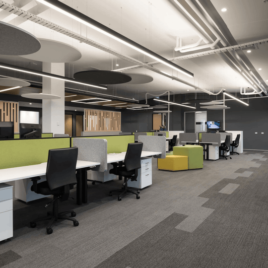 Modern open-plan office featuring Autex Cove desk dividers for enhanced privacy and reduced noise in workspaces.