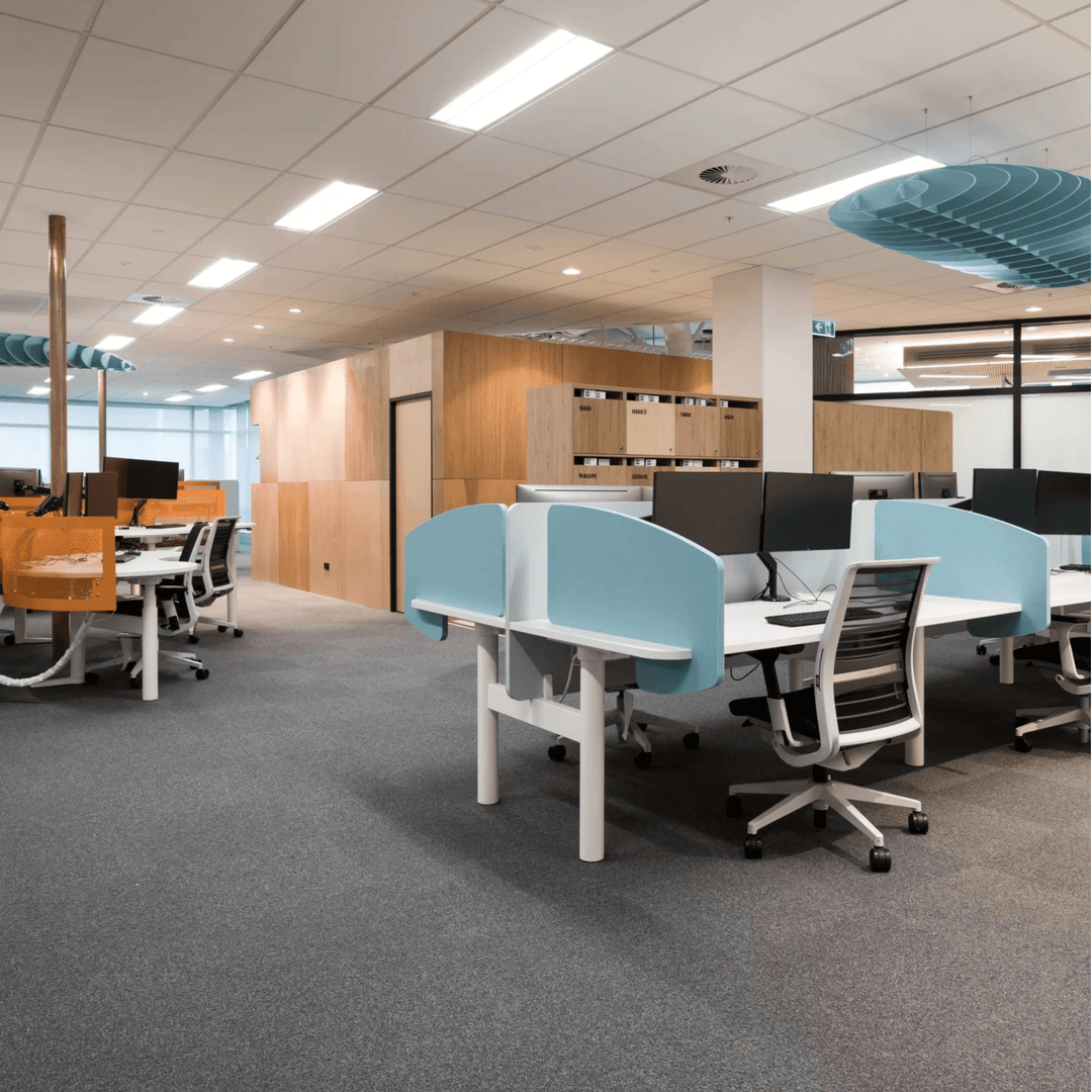 Modern office layout featuring Autex Cove Desk Dividers for privacy and noise reduction in open-plan workspace.