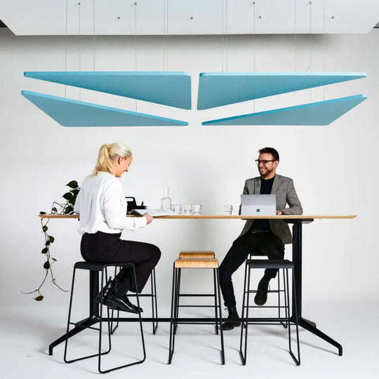 Autex Horizon Hanging Acoustics panels enhancing sound quality in a modern workspace with two professionals at a table.