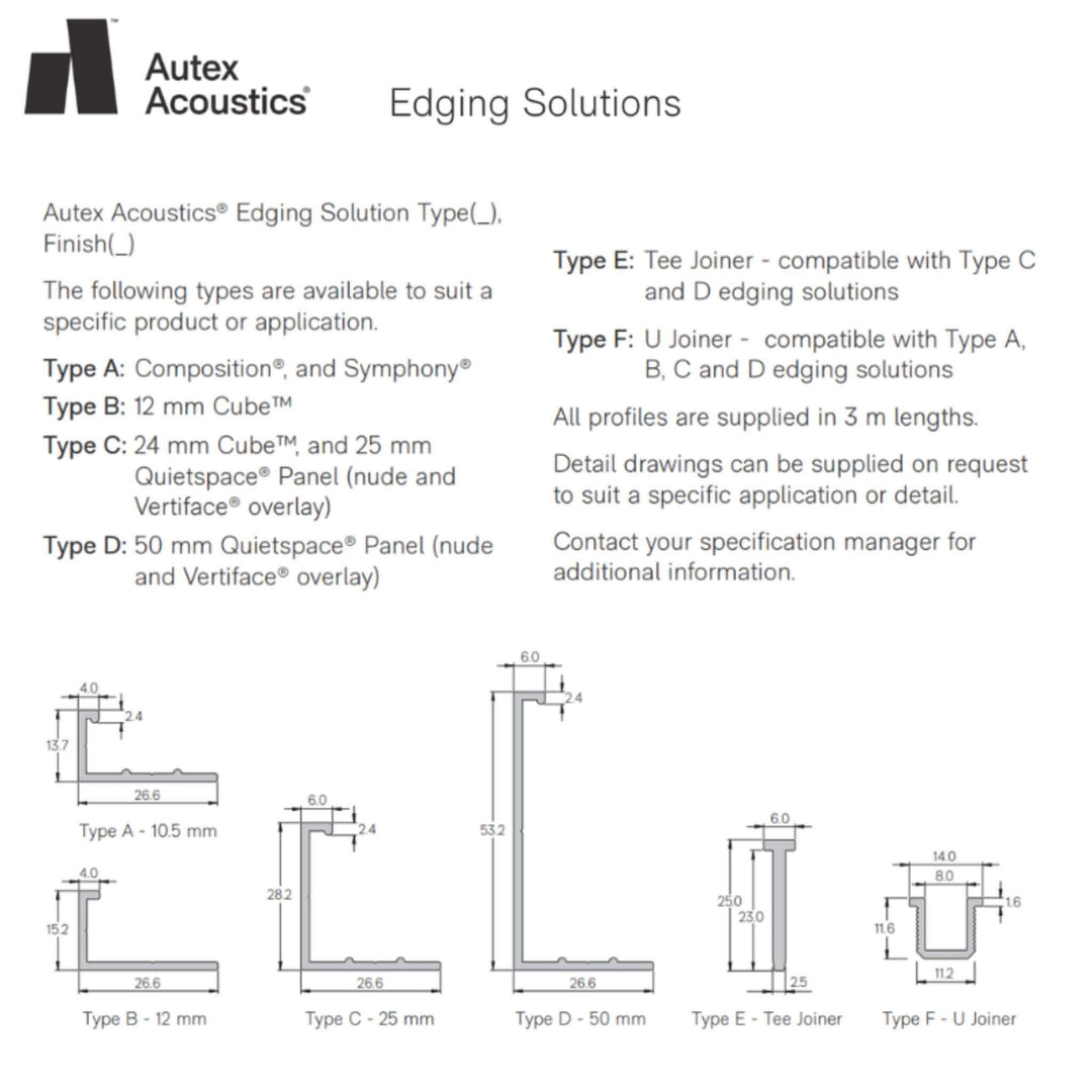 Autex Edging Solutions types and specifications for acoustic panel trims, including dimensions and compatibility details.