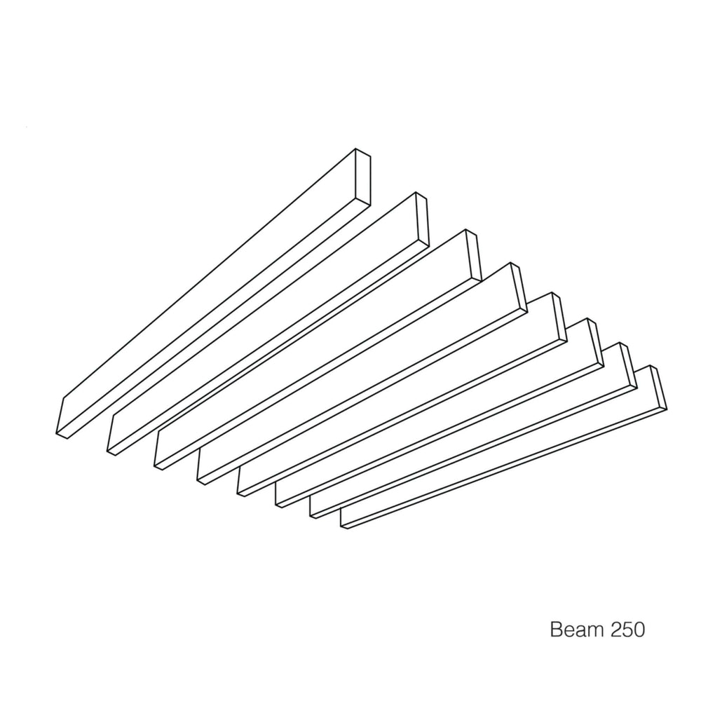 Autex Frontier Raft System "Beam 250" illustration showcasing sleek acoustic design for enhanced sound absorption.