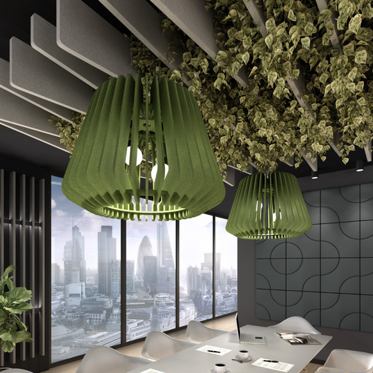 Breeze acoustic lighting shades in green, enhancing interior design while absorbing sound in a modern workspace.