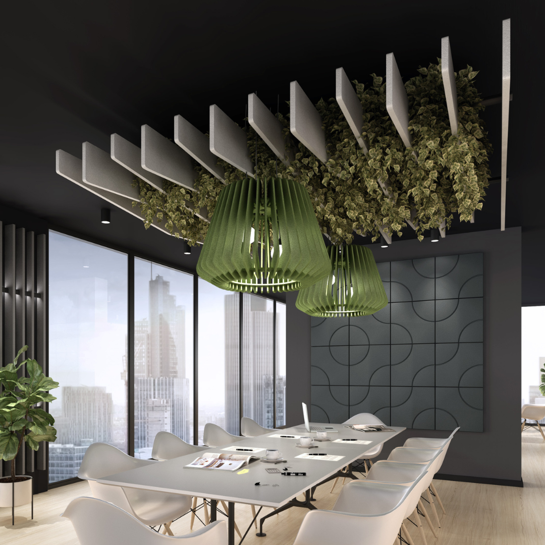 Breeze acoustic lighting shades enhance interiors with noise absorption and stylish green pendant design, ideal for modern spaces.