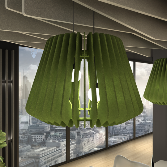 Breeze Acoustic Lighting Shades in green, designed for noise attenuation and stylish illumination in modern interiors.