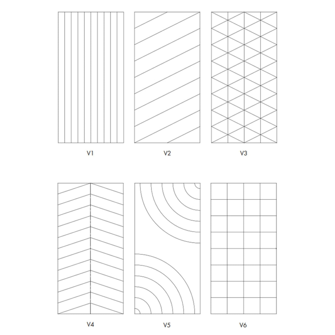 Autex Groove Acoustic Panels V1 to V6 design patterns showcasing unique angular cuts for enhanced aesthetics and sound absorption.