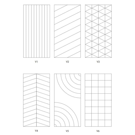 Autex Groove Acoustic Panels V1 to V6 design patterns showcasing unique angular cuts for enhanced aesthetics and sound absorption.