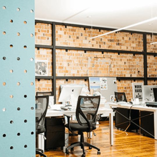 Autex Cascade Hanging Screens providing acoustic control in a modern open-plan office setting.