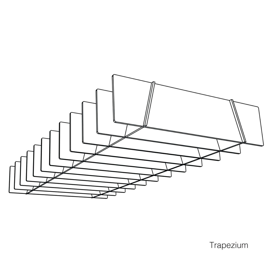 Autex Lattice™ Trapezium acoustic baffles suspended from ceiling, designed for noise management and aesthetic enhancement.