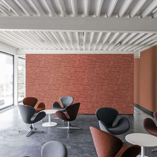 Modern interior featuring Autex Willie Weston acoustic panels with vibrant textured design and stylish seating arrangements.