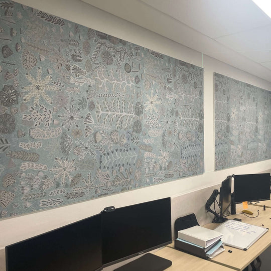 Autex Willie Weston Collection acoustic panels featuring First Nations designs in a modern office setting.