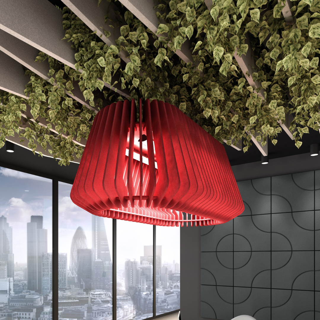 Zephyr Acoustic Lighting Shades in red, enhancing noise attenuation in a modern office with city view.