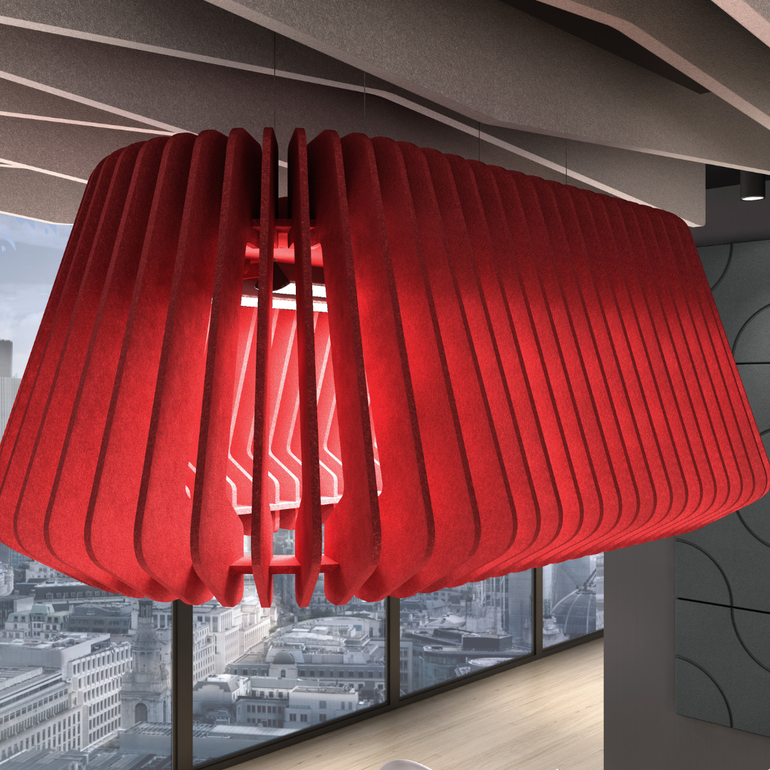 Zephyr acoustic lighting shades in red, enhancing decor and noise reduction in modern interiors.