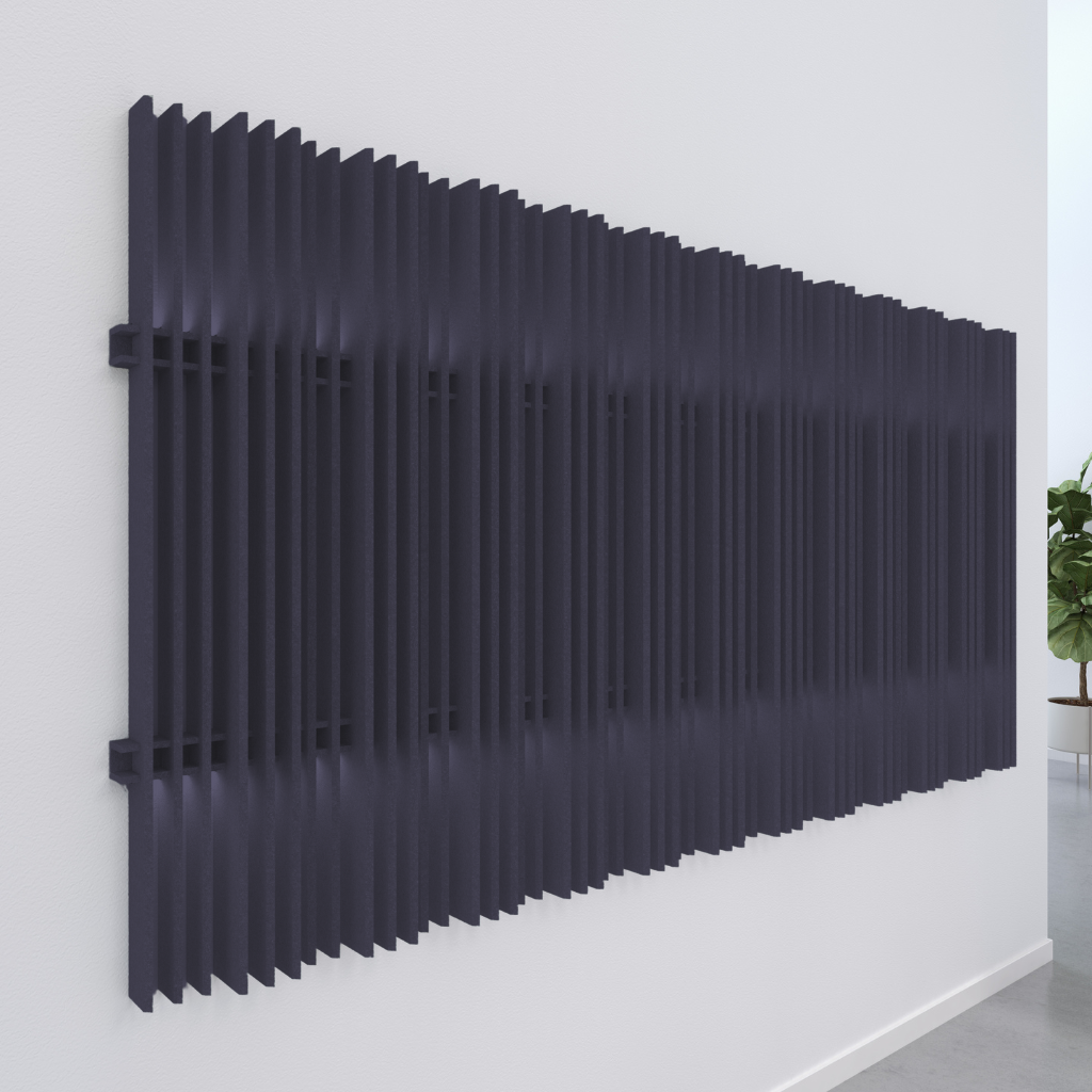 Harp acoustic wall blades in dark color, designed for noise absorption and enhancing wall aesthetics.