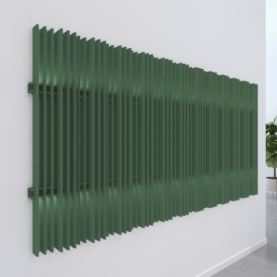 Harp acoustic wall blades in green, designed for noise absorption and aesthetic enhancement on walls.