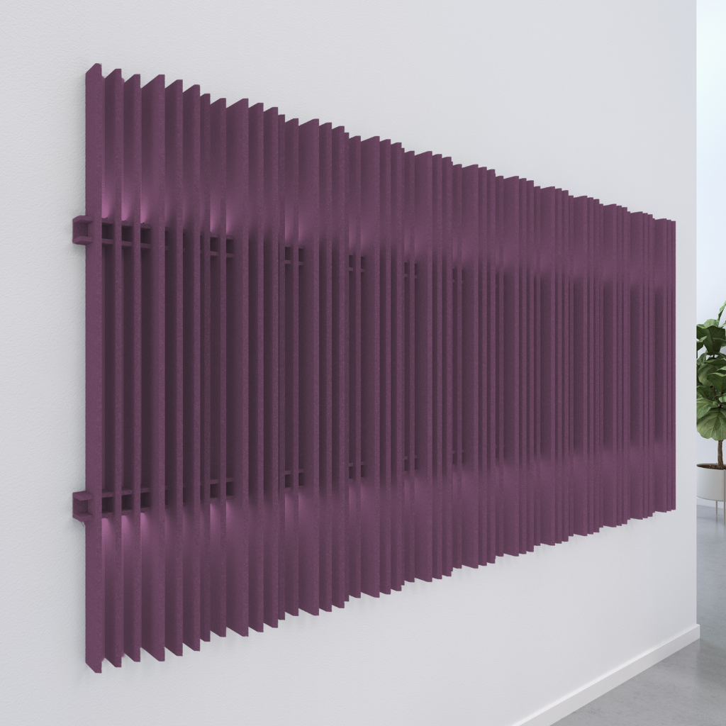 Harp acoustic wall blades in purple, designed for noise absorption and aesthetic wall enhancement.