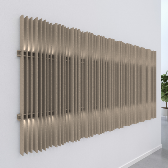 Harp acoustic wall blades in a modern setting, enhancing decor while absorbing noise, with sleek vertical design.