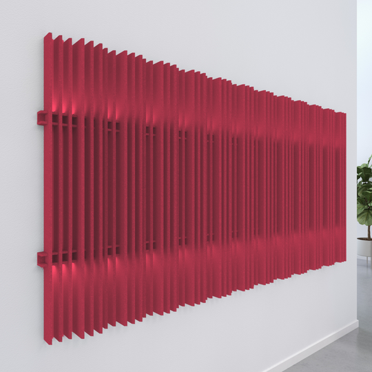 Acoustic wall blades in red, resembling vertical strings, enhancing sound absorption and decor.