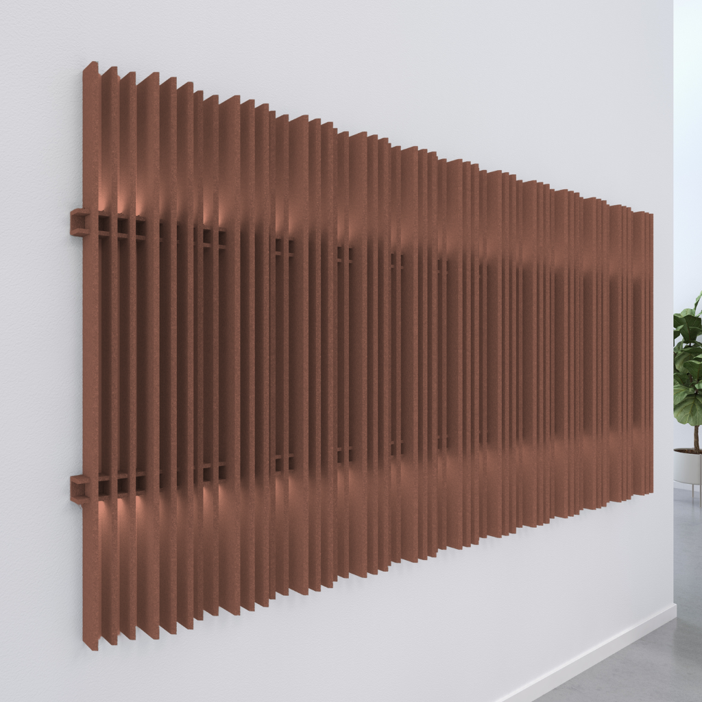 Acoustek harp acoustic wall blades enhancing interior decor with aesthetic appeal and noise absorption.