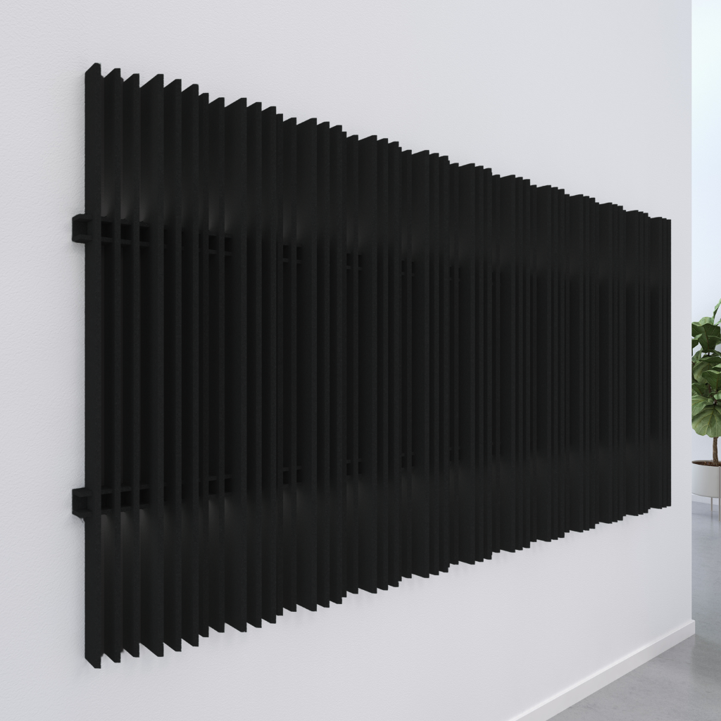 Harp acoustic wall blades in sleek black finish, designed for noise absorption and aesthetic enhancement.