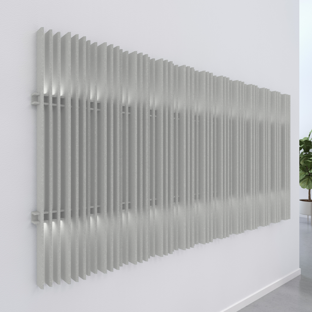 Harp acoustic wall blades in a modern interior, enhancing decor while absorbing reverberate noise.