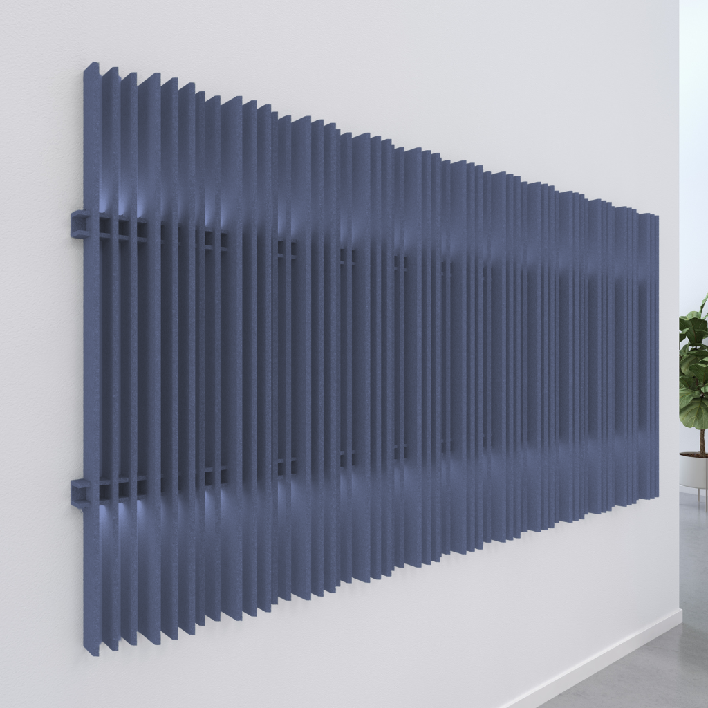 Acoustic wall blades in a modern interior, featuring vertical design for noise absorption and aesthetic appeal.