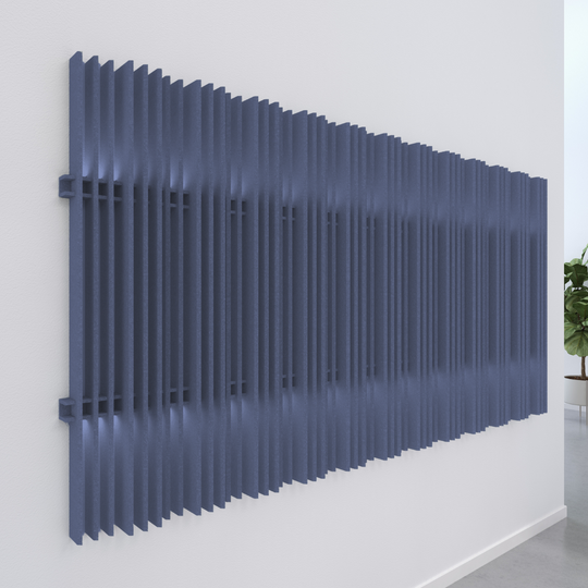 Acoustic wall blades in a modern interior, featuring vertical design for noise absorption and aesthetic appeal.