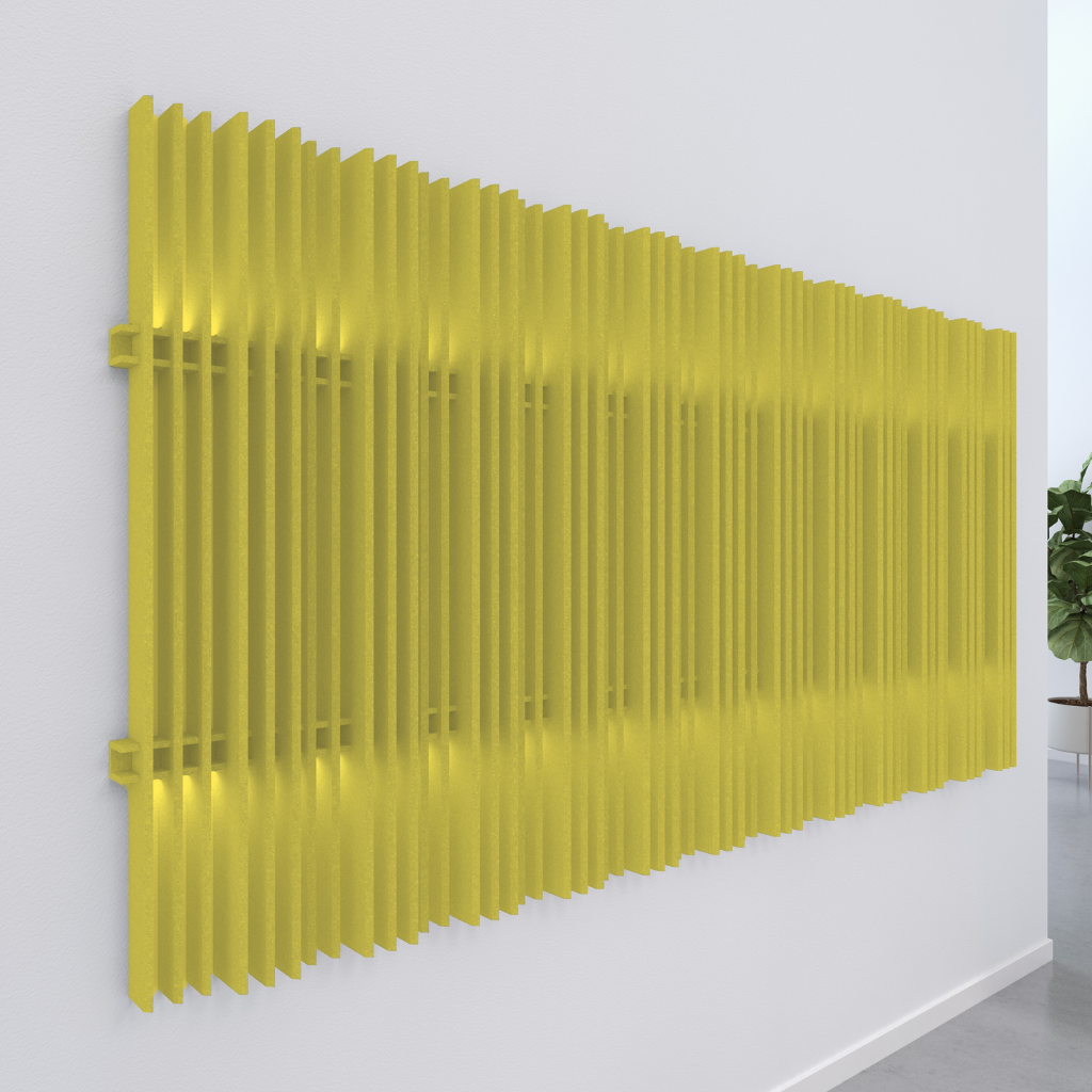 Bright yellow acoustic wall blades enhancing interior decor and reducing noise reverberation.