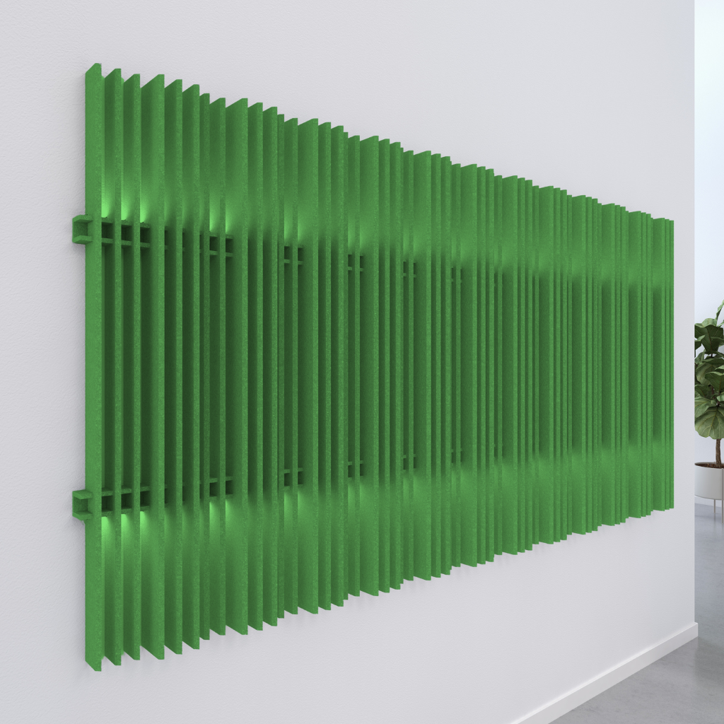 Green acoustic wall blades enhancing interior with noise absorption and aesthetic appeal.