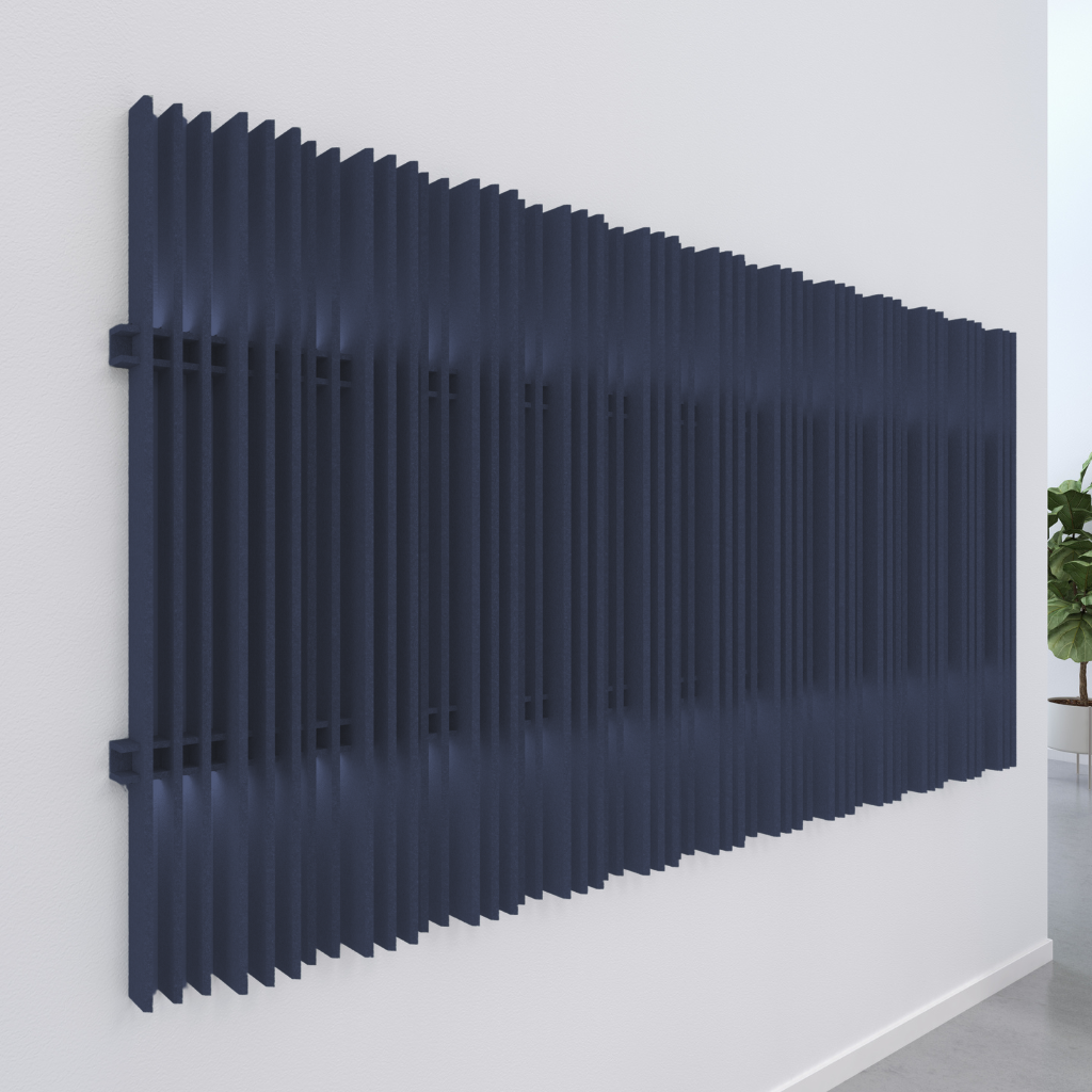 Harp acoustic wall blades in navy blue, enhancing aesthetics and sound absorption on a minimalist wall.